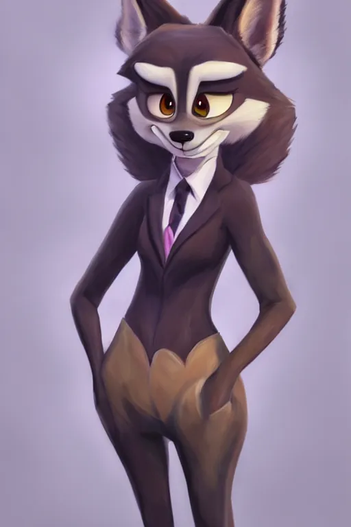 Image similar to oil painting of anthromorphic female wolf, in style of zootopia, female fursona, furry, furaffinity, 4 k, deviantart, furry art, fursona art, wearing black business suit, business suit, wolf fursona, female, very expressive detailed feminine face,