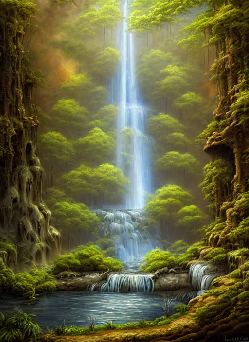 Image similar to a painting of a waterfall in a forest, a detailed matte painting by todd lockwood, deviantart, fantasy art, matte painting, matte drawing, airbrush art