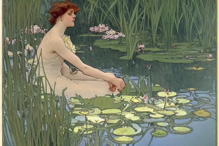 Prompt: woman sailing a model sailboat at the edge of a park pond. she is sailing a model sailboat. water lilies and iris. art nouveau by alphonse mucha 1 9 2 4