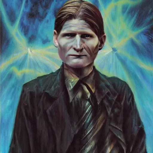 Image similar to a young crispin glover as a dark fantasy wizard, oil painting, 8 k, cover of a book, ominous, heroic