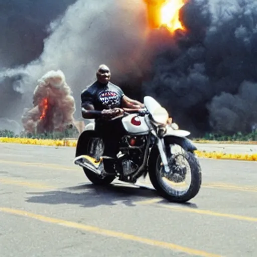Image similar to mike tyson riding a motorcycle, explosion in background