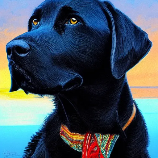 Prompt: detailed portrait of a black labrador retriever watching the sunrise, blue eyes, colorful, intricate, elegant, highly detailed, digital painting, artstation, concept art, smooth, sharp focus, illustration, art by artgerm and greg rutkowski and alphonse mucha