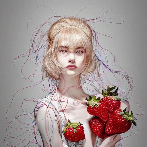 Image similar to the portrait of an absurdly beautiful, graceful, elegant, sophisticated, fashionable young woman made of strawberries and white petals looking down, an ultrafine hyperdetailed illustration by kim jung gi, irakli nadar, intricate linework, bright colors, octopath traveler, final fantasy, unreal engine 5 highly rendered, global illumination, radiant light, detailed and intricate environment