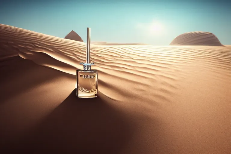 Prompt: perfume bottle buried in oasis in the middle of a desert, dramatic, mid day, sand dune background, large scale, hyperrealistic, lots of detail, realistic lighting, octane render, by wlop, artgerm, trending on artstation