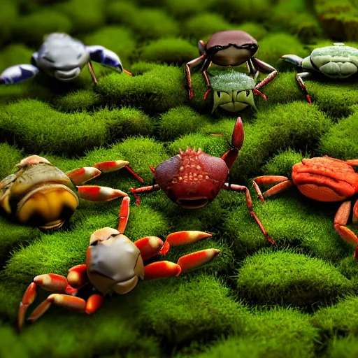 Image similar to large group of crabs and worms, crawling along a bed of moss, low poly, creeper world, handcrafted, artstation, hyperrealistic, hard light, best practices, creeptastic, photorealism, macro perspective, cuddly.