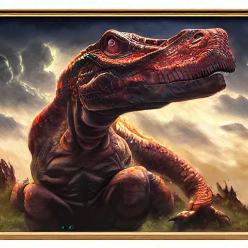 Image similar to An ultra realistic portrait painting of Yoshi the Dinosaur in the style of Frank Frazetta, 4k, Ultrarealistic, Highly Detailed, Dark Fantasy, Epic Lighting