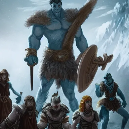 Image similar to dnd frost giant towering over some warriors, catperson, goblins