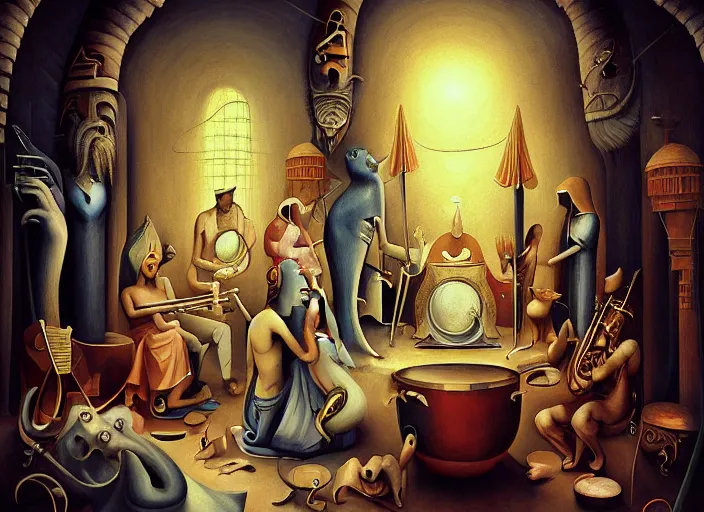 Prompt: jazz band in the temple of horus, by dave dorman hieronymus bosch, cyril rolando, esher and natalie shau, whimsical, profound, impossible, dark, atmospheric, brooding, digital painting, intricate.