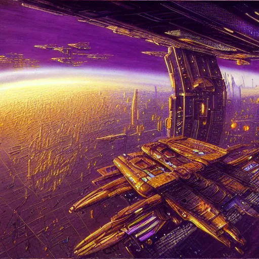 Prompt: cyberpunk starship hovering city, atmospheric lighting, painted, intricate, golden hour and purple, ultra detailed by peter gric, giger, enki bilal