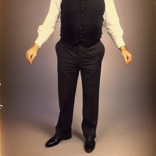 Image similar to clean - shaven portly white man with neatly styled black hair in his 4 0 s is wearing a dress shirt sweater - vest trouser dress shoes. his is standing in front of a mirror, taking a photo of himself. faded polaroid from 1 9 8 5