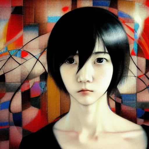 Image similar to yoshitaka amano blurred and dreamy realistic three quarter angle portrait of a young woman with short hair and black eyes wearing office suit with tie, junji ito abstract patterns in the background, satoshi kon anime, noisy film grain effect, highly detailed, renaissance oil painting, weird portrait angle, blurred lost edges