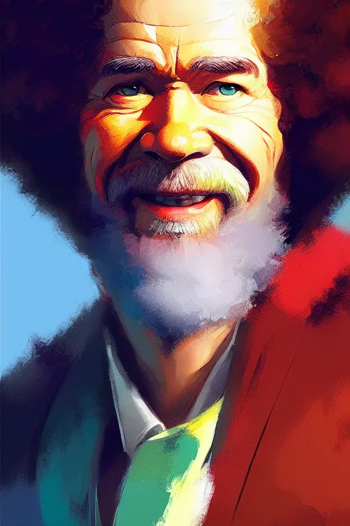 Image similar to portrait of Bob Ross, modern, colourful!! highly detailed, digital painting, artstation, concept art, sharp focus, illustration, by greg rutkowski