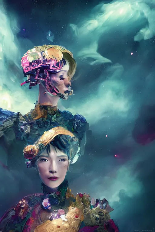 Prompt: a fancy portrait of a broken automaton floating in the vacuum of space with a colourful nebula behind her by dustin nguyen, sung choi, mitchell mohrhauser, maciej kuciara, johnson ting, maxim verehin, peter konig, bloodborne, 8 k photorealistic, cinematic lighting, hd, high details, dramatic, dark atmosphere, trending on artstation