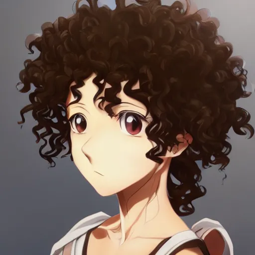 Prompt: Anime portrait of brown girl with black curly hair, anime masterpiece, highly detailed, artstation, 8k,