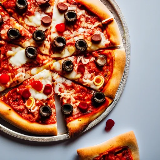 Prompt: A delicious plate of pizza with gummy bears on, close up food photography, studio lighting, Sigma 35mm f/1.4