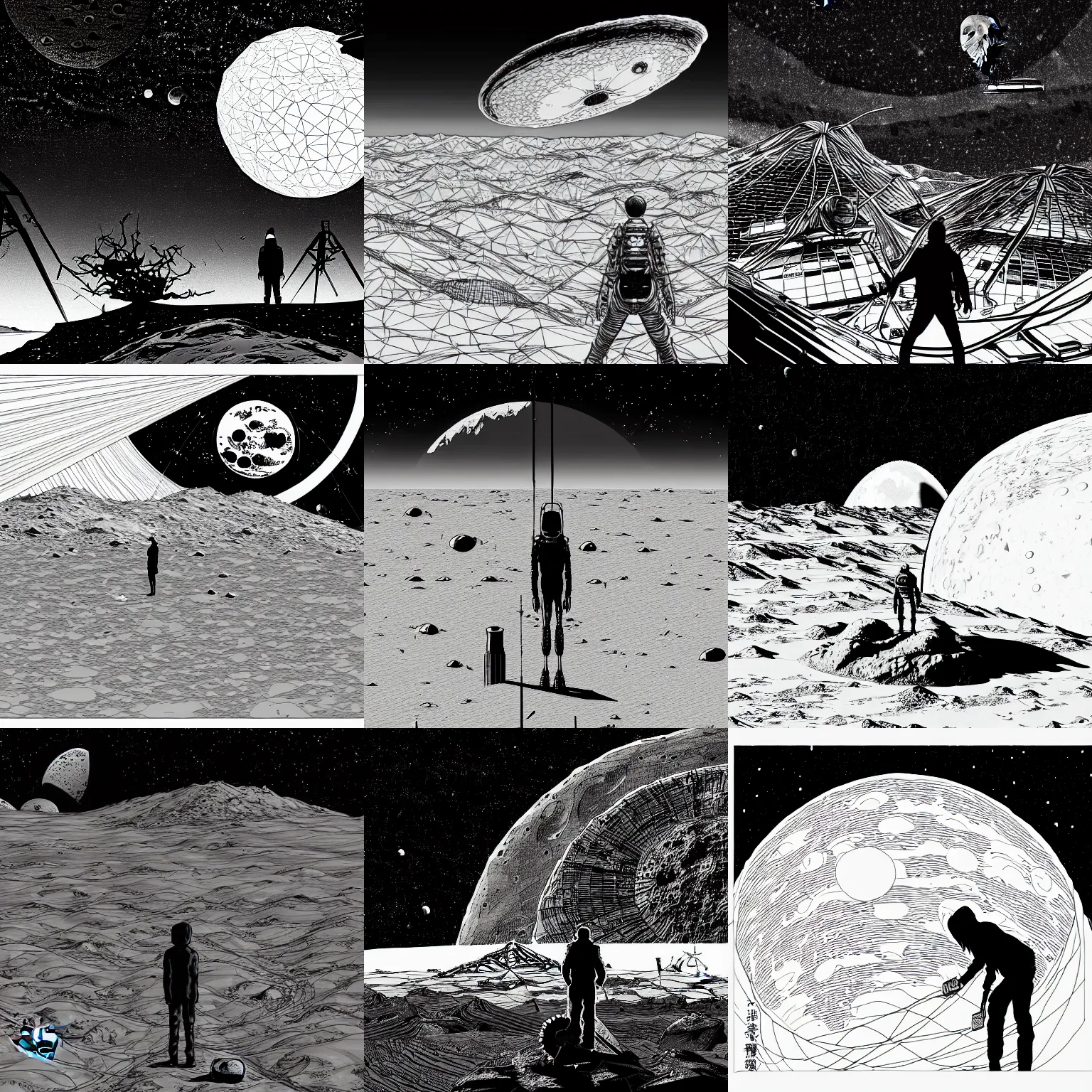 Prompt: sadiron man eats shawarma on the ogly destroed moon, distant wires earth background, by tsutomu nihei, black and white, isometric, landscape, perspective