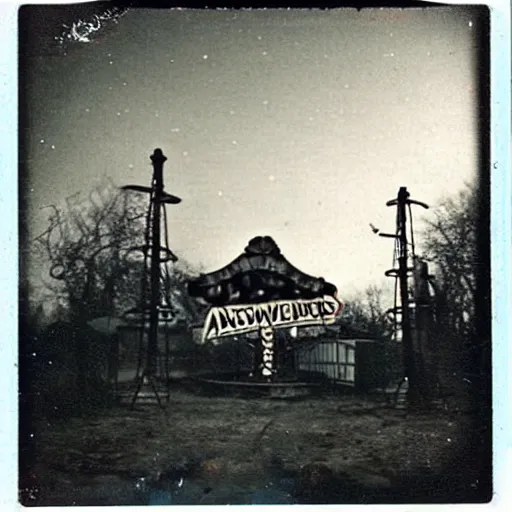 Prompt: an abandoned amusement park at night, scary, grotesque, old photo, polaroid