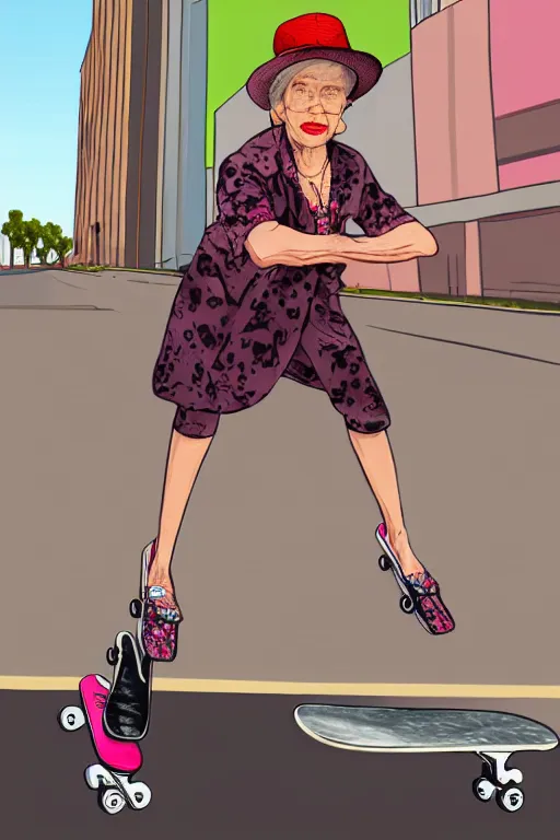 Image similar to a portrait of a fashionable gran on a skateboard in los angeles, in the style of gta waiting screen