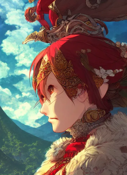 Image similar to character portrait of the ruby herald at the volcano temple, hidari, color page, tankoban, 4K, tone mapping, Akihiko Yoshida.