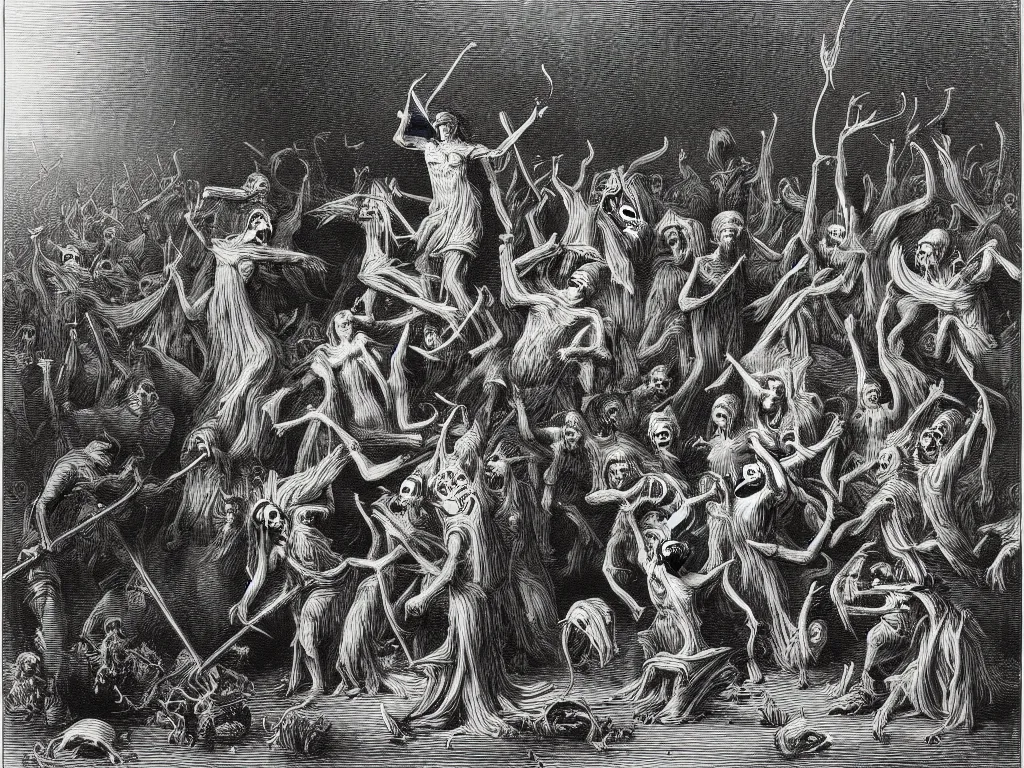 Image similar to the grim reaper tormenting mushroom people. Fine art engraving by Gustave dore. 1868.