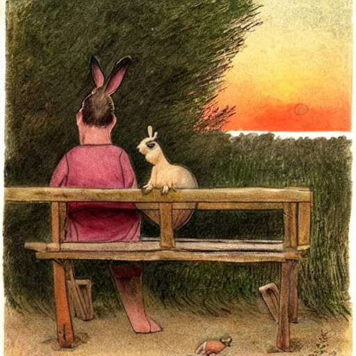 Prompt: a rabbit and a guinea pig watching the sunset together on a bench at a pond, in the style of carl larsson