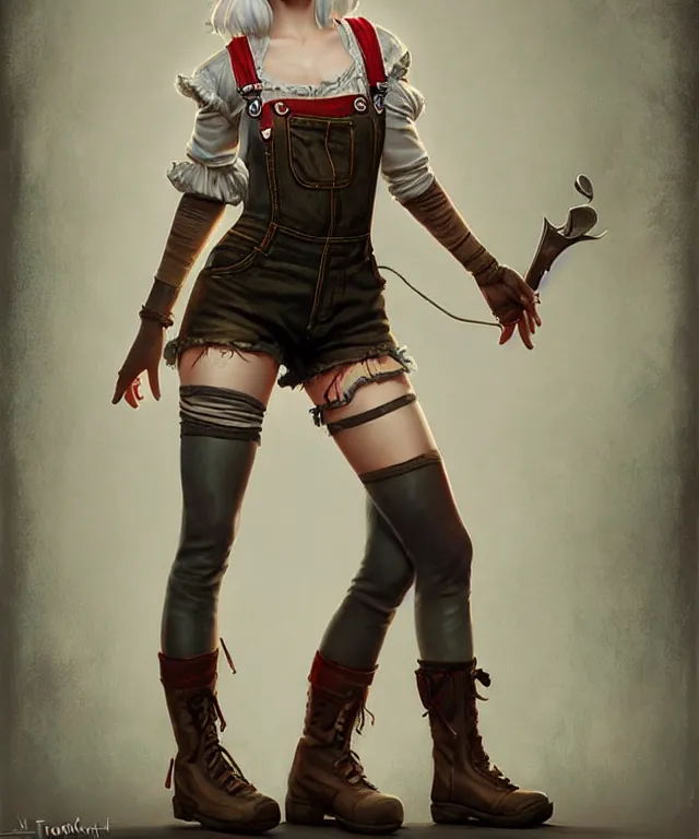 Image similar to full body pose, ciri, torn overalls, short shorts, combat boots, beautiful, highly detailed face, true anatomy!, extremely detailed!, digital painting, unreal engine 5, art by tom bagshaw