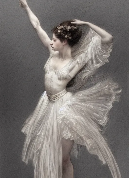 Image similar to a beautifull intricate pencil painting of a dancing ballerina, reflexions, verry high details by william turner art, greg rutkowski and alphonse mucha, trending on artstation, very very detailed, masterpiece, muted colors