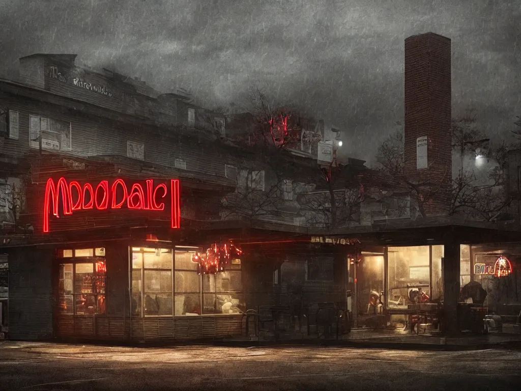 Prompt: the outside of a mcdonald's in the upside down from stranger things, ominous, dark, gloomy, hdr, moody lighting, horror