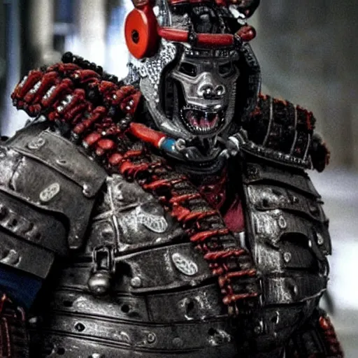 Image similar to fierce big muscular samurai wearing a cybernetic oni mask, cyber, scifi, movie still