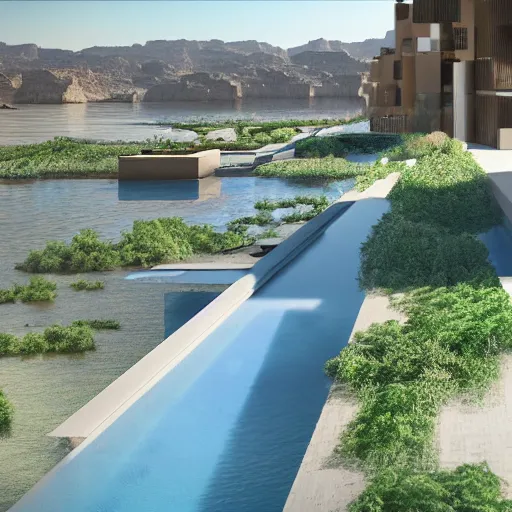 Image similar to architectural rendering of habitat 6 7 in the desert, biophilia style, pool, garden