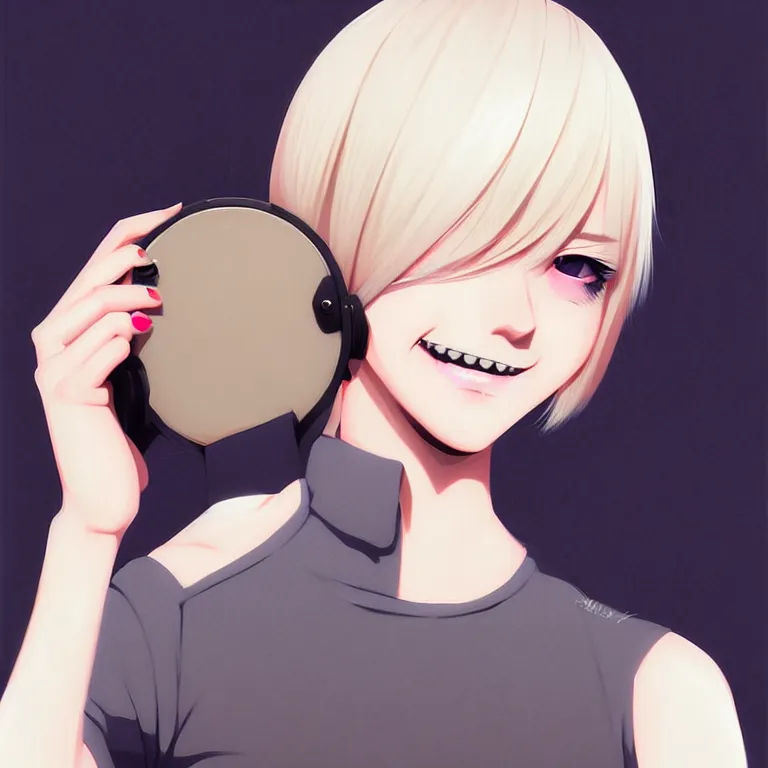 Image similar to urban girl fanart with black facemask, blond bob haircut, muted colors, matte print, pastel colors, ornate, digital art, cute smile, digital painting, fan art, elegant, pixiv, by Ilya Kuvshinov, by Studio Ghibli