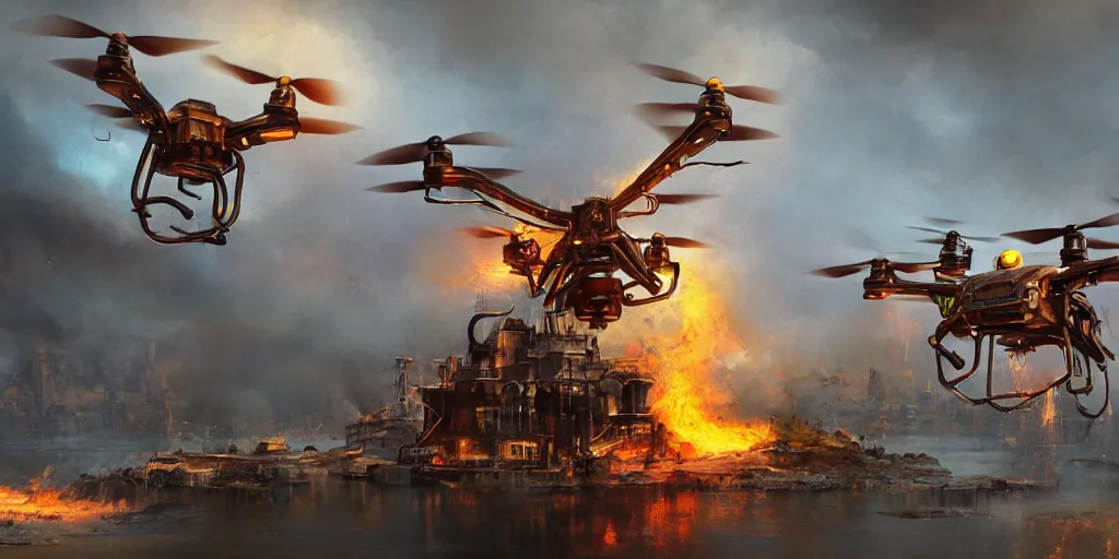 Prompt: steampunk drones putting out a fire with water, digital art, matte painting, artstation, concept art