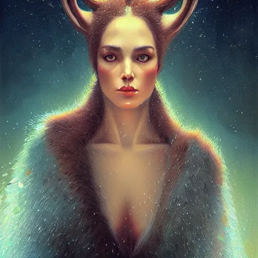 Image similar to a dramatic portrait of a woman showing affection to deer, cinematic lighting, symmetric face by karol bak, christopher balaskas