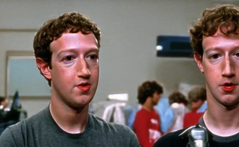 Prompt: film still of mark zuckerberg in movie revenge of the nerds 1984