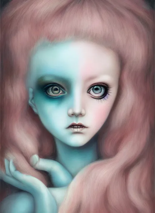 Image similar to pop surrealism, lowbrow art, realistic cute girl painting, japanese street fashion, hyper realism, muted colours, rococo, natalie shau, loreta lux, tom bagshaw, mark ryden, trevor brown style,