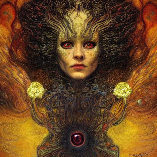 Image similar to Visions of Hell by Karol Bak, Jean Deville, Gustav Klimt, and Vincent Van Gogh, nightmare portrait, infernal, visionary, otherworldly, fractal structures, ornate gilded medieval icon, third eye, hellfire, spirals, horror