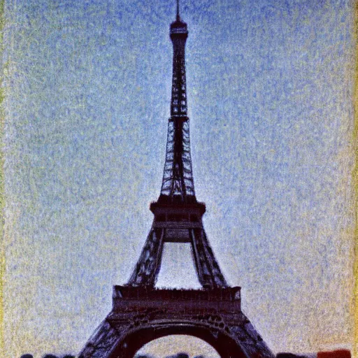 Image similar to eiffel tower building in paris, happy athmosphere, joy, matte painting, impressionism, by georges seurat,