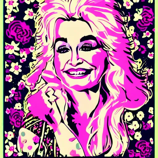 Prompt: young Dolly Parton, retro graphic design, hippie, floral, bright, pink tones, no dark colors