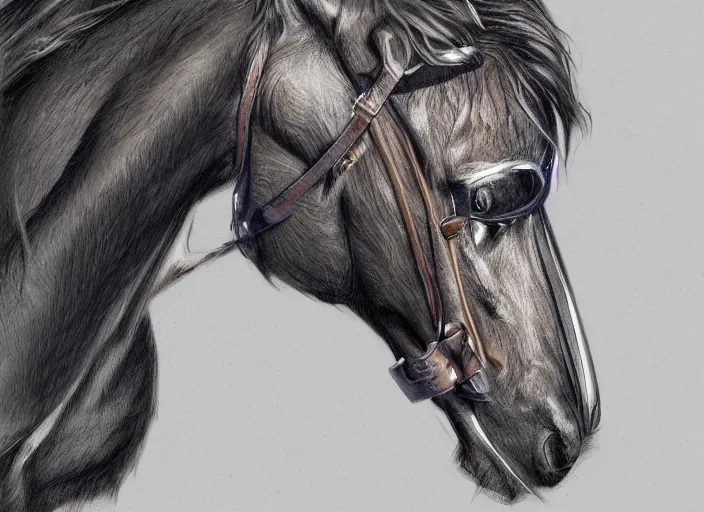 Image similar to concept art of stallion with an algie, carrying a saddle bag, digital art, photo realistic, highly detailed