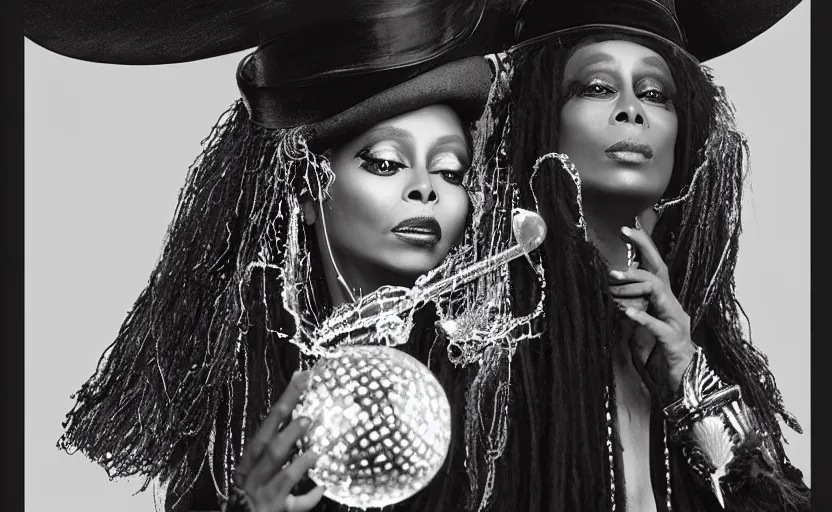 Image similar to “erykah badu as a voodoo queen wearing flowing black robes and a disco tophat holding a staff with a glowing crystal ball, by michalopoulos, by Laurie Lipton, Josip csoor, 8k resolution, realistic shadows, 3D, rendered in octane, volumetric lighting, hyper detailed, photorealistic, voodoo”