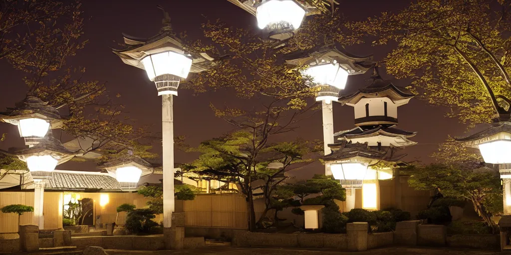 Prompt: japanese mosque at night. there are glowing lanterns