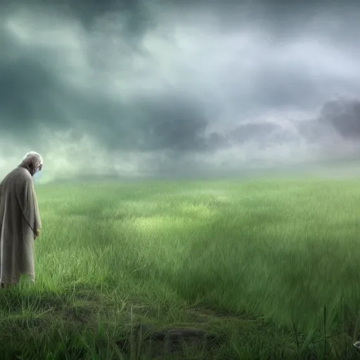 Prompt: Old prophet wandering about a haunted meadow, Fantasy Realm, Digital Art, 4k