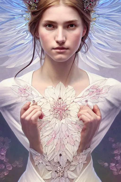 Image similar to symmetry!! full body portrait!!!! of a beautiful!!!! delicate elegant nordic shield maiden, pretty face!!!!, flower petals, intricate, elegant, highly detailed, digital painting, artstation, concept art, smooth, sharp focus, illustration, art by artgerm and greg rutkowski and alphonse mucha, 8 k