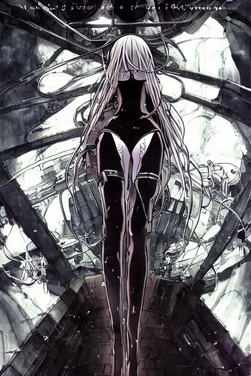 Prompt: beautiful coherent award-winning manga OVA DVD cover art of a mysterious lonely cyborg anime woman wearing a plugsuit and traversing an endless concrete hallway, anime, animated, painted by tsutomu nihei