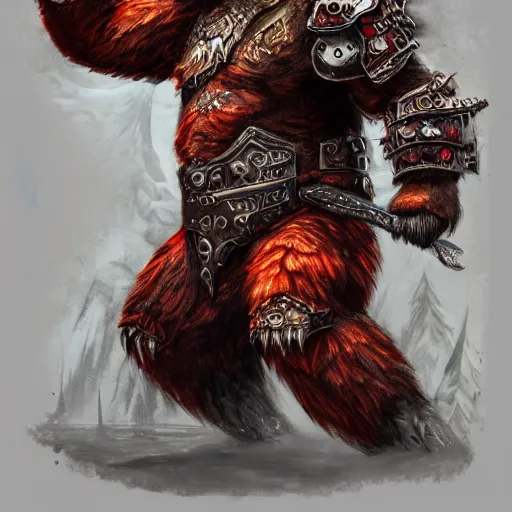 Prompt: Anthropomorphized Roaring Bear in full armor carrying big Axe, full body, menacing pose, concept art, insanely detailed and intricate, hypermaximalist, elegant, ornate, hyper realistic, super detailed, tribal red atmosphere, Art Deco, cinematic, trending on artstation, magic the gathering artwork