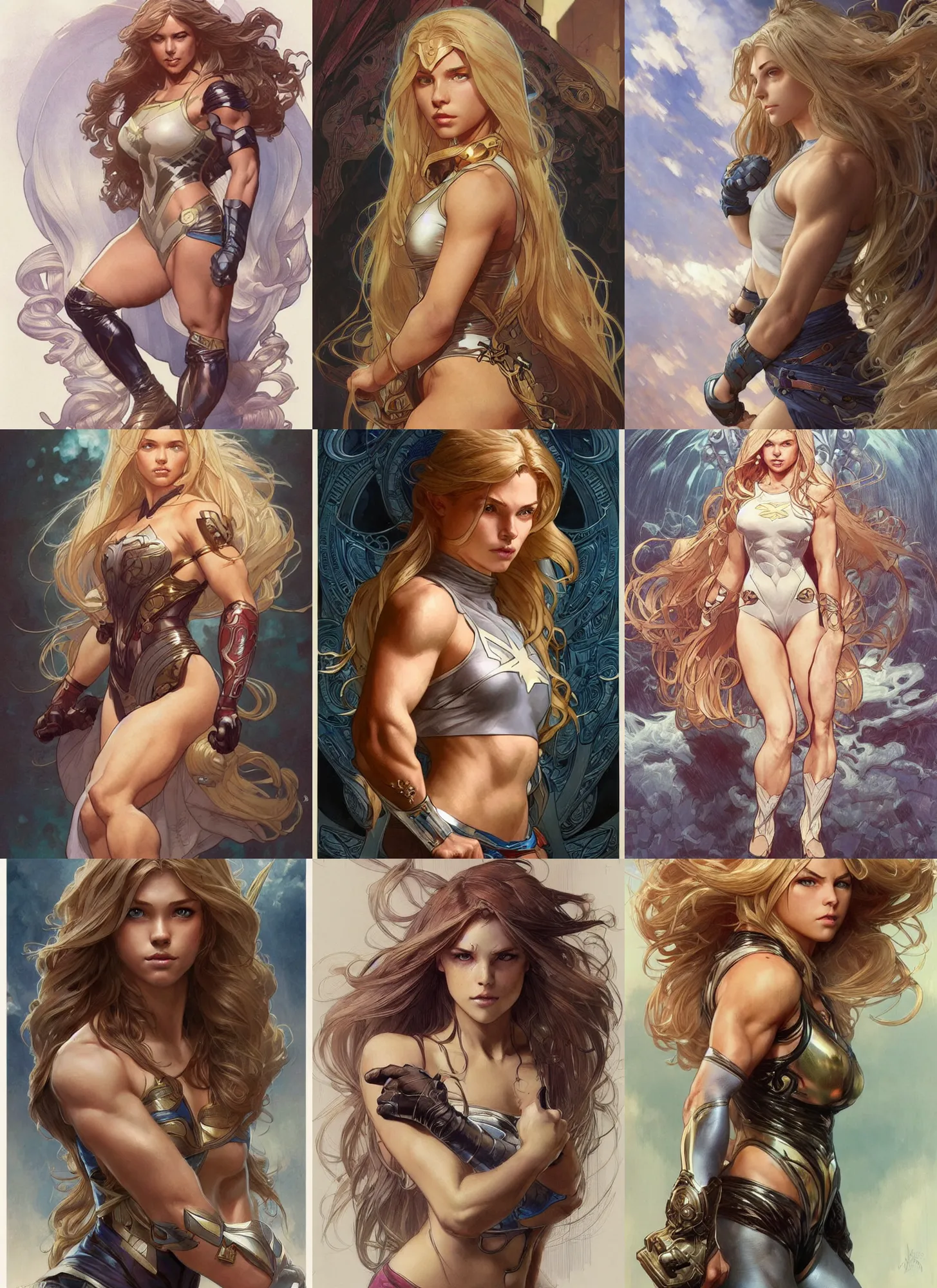 Image similar to a very muscled and young superhero girl with a focused face and extremely long blonde wavy hair, intricate detailed face, artgerm, greg rutkowski, alphonse mucha