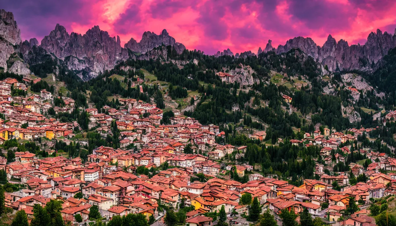 Prompt: an italian town in the dolomites mountains, hellish red sky