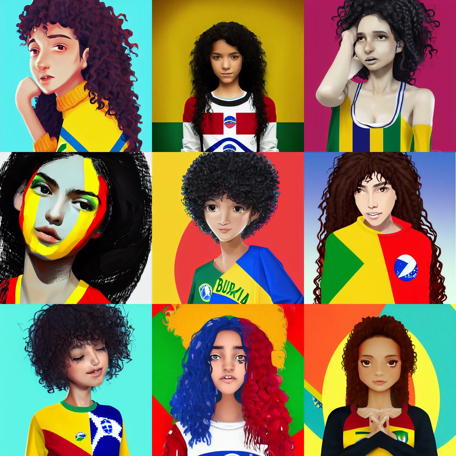 Prompt: a shy brazilian girl blushing, black curly hair, wearing a brazil flag sweater, digital art, artstation, smooth