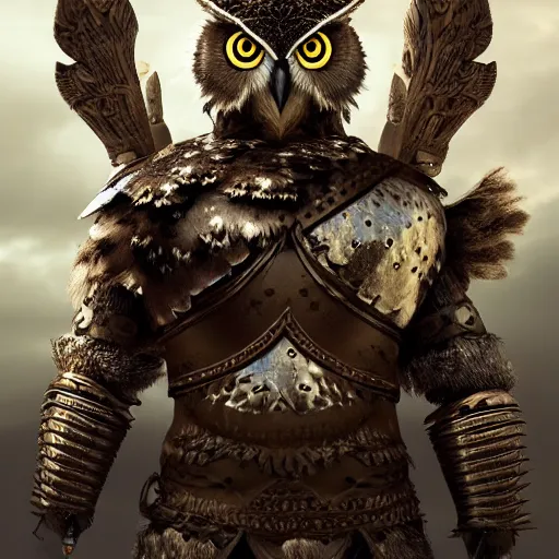 Prompt: warrior with owl armour, highly detailed, dramatic lighting, cinematic, 4k