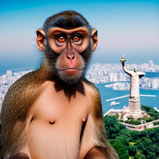 Image similar to high quality portrait of a monkey in front of Christ The Redeemer, studio photograph, photograph, realistic photo, 8k photo, 4k photo, stock photo, high resolution, cinematic shot, high detail